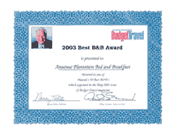 Frommer's Budget Travel 2003 Best B&B Award